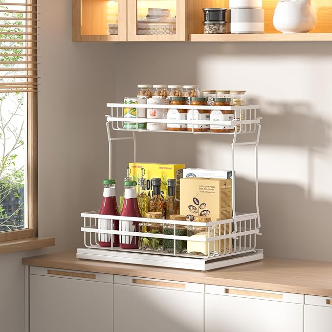 1 Pack Under Sink Organizers and Storage, 2 Tier Pull Out Cabinet Organizer, Metal Sliding Drawer Storage for Kitchen Bathroom,White