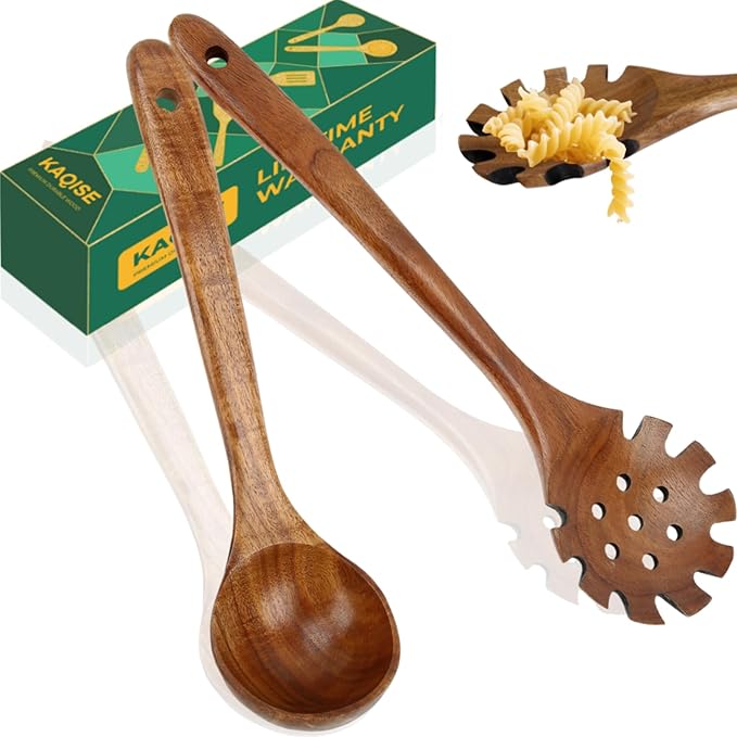 Wooden Spoons for Cooking, Teak Wooden Utensil Set, 2Pcs Kitchen Utensils, Large Cooking Spoons for Soup and Pasta Serving Mixing (Ladle & Pasta Scoop Strainer)
