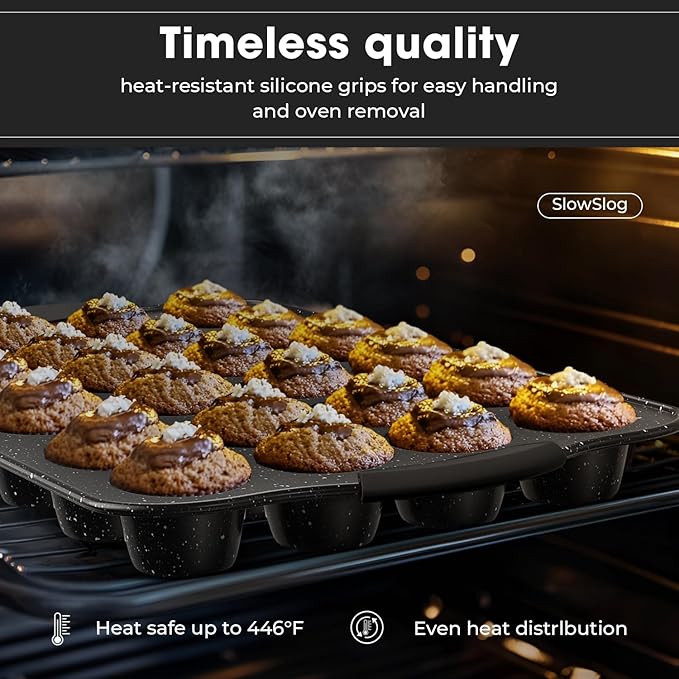 11-Piece Nonstick Baking Pan Set, Stackable Bakeware Sets, Oven Pans for Baking with Silicone Handles, Includes Cookie Sheet, Cake Pans, Loaf Pan, Pizza Pan, Muffin Pan, Black