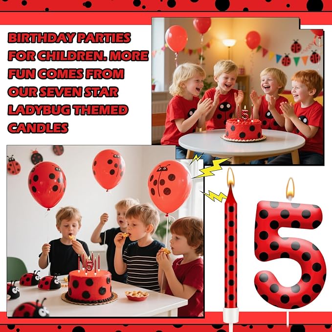 13PCS Ladybug Theme Birthday Candles Set - Red & Black Polka Dot Decorative Candles for Kids Ladybug Themed Parties, Baby Showers, Birthday Cakes, and Ladybird Inspired Celebrations(Number 5)