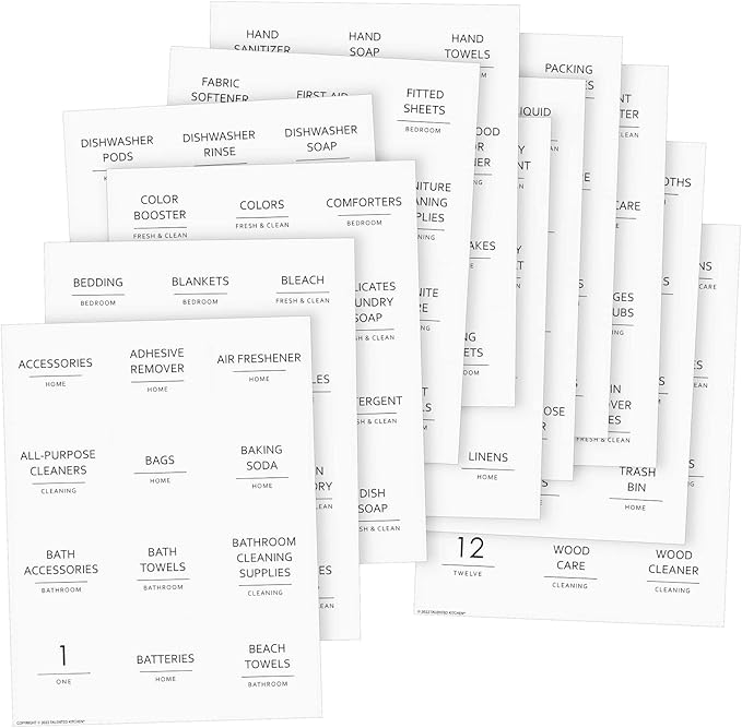 Talented Kitchen 144 Minimalist Laundry Room Labels - Preprinted Laundry Room Organization Stickers for Glass Jars, Containers, Spray Bottles (Black Print on White Matte Backing)