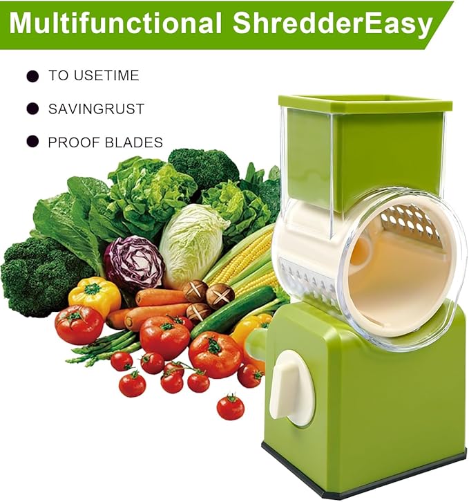 3 in 1 Cheese Grater, Rotary Cheese Grater with Handle for kitchen, Vegetable Slicer with 3 Replaceable Stainless Steel Blades,Peeler and Rubber Gloves (Green)