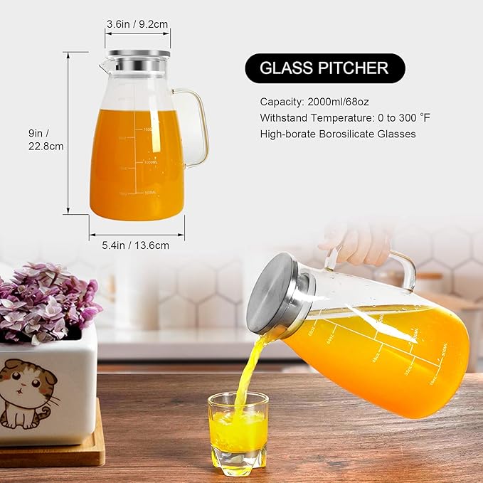 Aofmee Glass Pitcher, 68oz Water Pitcher with Lid and Precise Scale Line, 18/8 Stainless Steel Iced Tea Carafe, Easy Clean Heat Resistant Borosilicate Jug for Juice, Milk, Cold or Hot Beverages