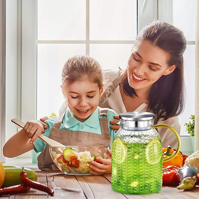 Aofmee 60oz Glass Pitcher, Water Pitcher with Lid, Iced Juice Jugs for Fridge, Glass Carafe for Cold or Hot Beverages, Sun Tea Jar, Easy Clean Heat Resistant Glass Jug for Milk