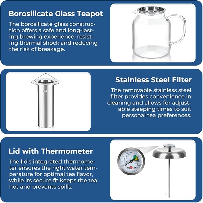 Aquach 68oz Glass Teapot with Built-in Thermometer, Stovetop & Dishwasher Safe, Borosilicate Carafe and Stainless Steel Removable Infuser