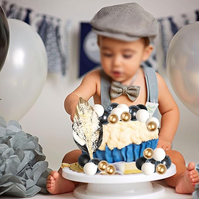 Gyufise 21 Pack Flower Boho Cake Topper Ball Cake Decorations Palm Leaves Plants Cake Decor for Girl Bohemian Princess Theme Wedding Baby Shower Birthday Party Supplies Black Gold