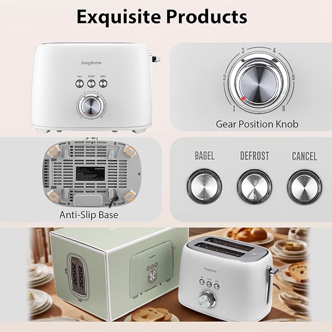 2-Slice Toaster 1.5" Extra Wide Slot Stainless Steel with High Lift Lever, 6 Presets & Bagel/Defrost/Cancel Function, Removal Crumb Tray, Under Base Cord Storage, White