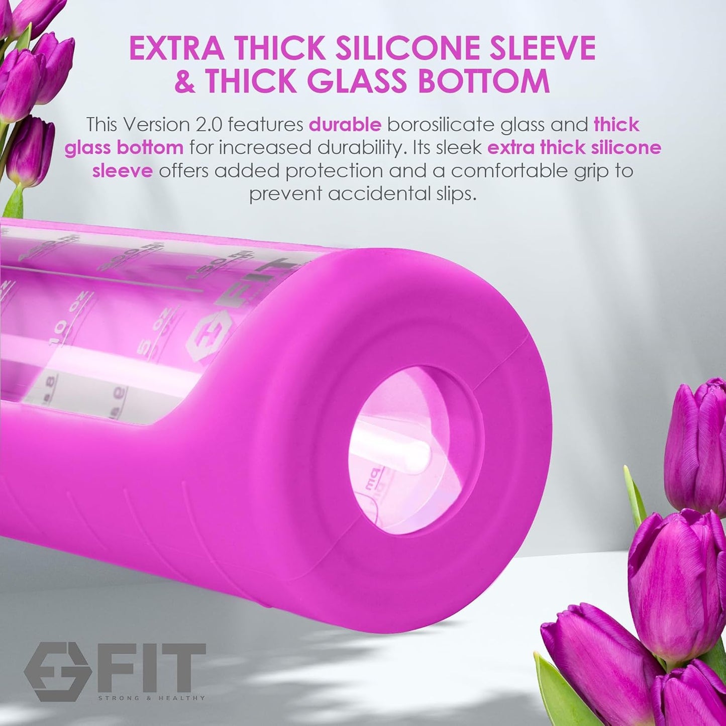 FIT Strong & Healthy 32 oz Glass Water Bottle with Straw Lid, Time Marker, Sleeve & Extra Lid - Motivational, Wide Mouth 1 Liter Glass Drinking Bottle