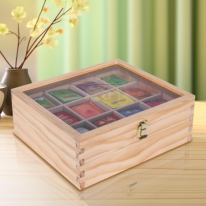 LI.TOPWP Pine Wood Tea Bag Organizer, 12 Compartments Tea Storage Box with Clear Acrylic Window, Multi-Functional Tea Bag Holder for Countertop, Kitchen Cabinet.