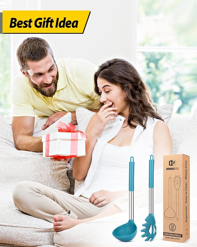 Silicone Pasta Fork and Ladle Spoon Set, Large Non Stick Kitchen Utensils for Cooking,Stirring,Serving Spaghetti, Soup, Sauce (BLUE)