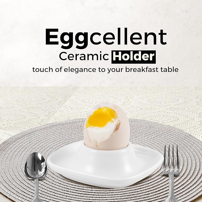 Flexzion Soft Boiled Egg Holder Set - Egg Cups for Soft Boiled Eggs British - Set of 6 Ceramic Egg Holder - Stackable Egg Coddler Cups with Base for Serving, Breakfast, Brunch, White