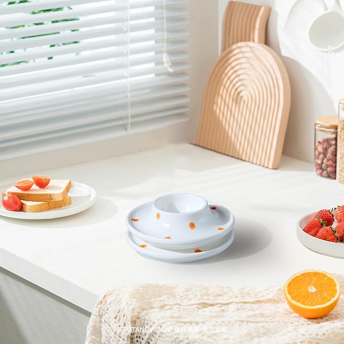 Cinf Ceramic White Egg Holder Set of 2 Porcelain Holder Breakfast Boiled Cooking Easy to Clean Childhood Memories Kitchen(Orange Dot)