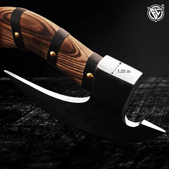 Edgelandknives® Multipurpose Viking Pizza Axe with Sheath, Viking Butcher Axe, Viking Pizza Cutter Axe - Burned Wood Handle & Heavy Duty Viking Skull Head - Perfect for Cutting Pizza, Meat, Vegetables