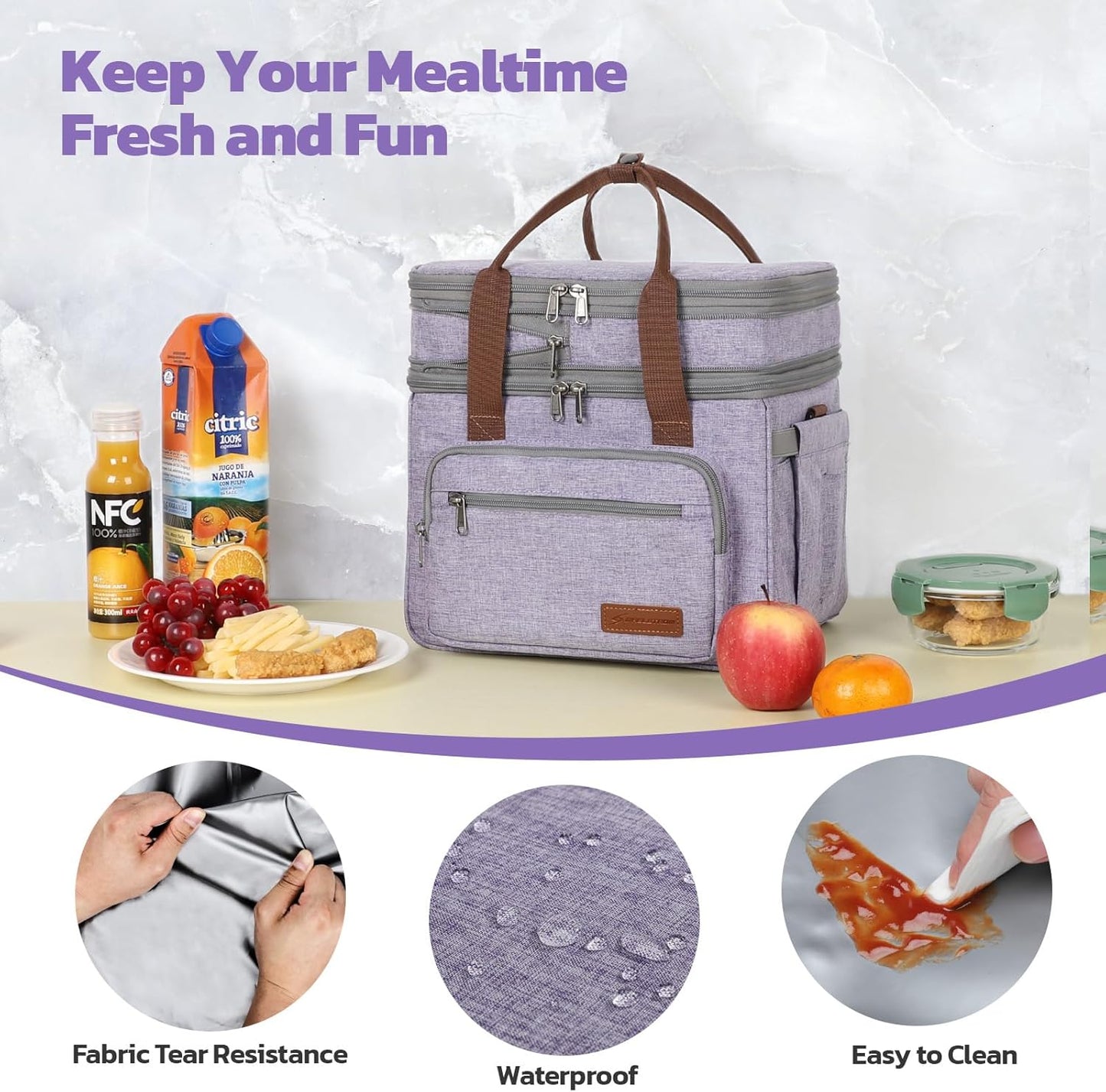 Maelstrom Lunch Bag Women,23L Insulated Lunch Box For Men Women,Expandable Double Deck Cooler Bag With Side Tissue Pocket,Lavender