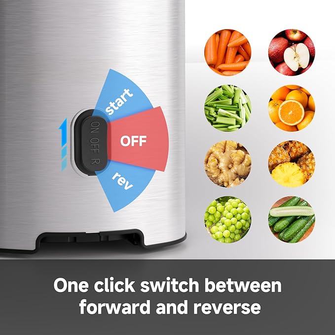 AMZCHEF Cold Press Juicer, 5.2" Juicer Machines with Large Feed Chute for Whole Fruits & Vegetables, Stainless Steel Juice Extractor with Large Auger, Triple Strainers, Easy Cleanup & Assembly