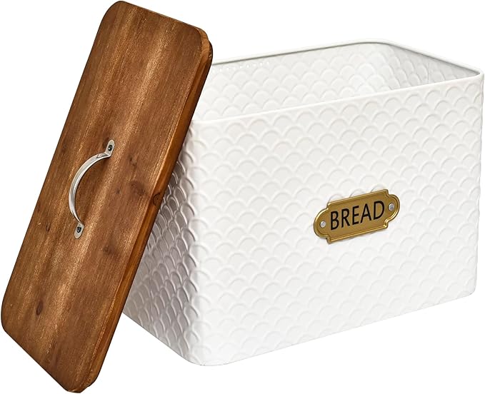 Extra Large Space Saving Farmhouse Bread Box With Wood Lid - Holds 2 Loaves - Vertical Breadbox Bread Storage Bin Holder for Kitchen Countertop, White