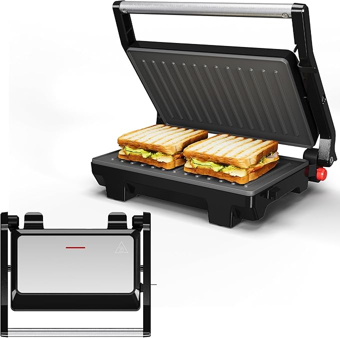 Sunvivi Panini Press Sandwich Maker: Electric Panini Press Grill with Locking Lid, Portable Indoor Panini Maker with Nonstick Plates, 1000W Double-sided Grill with 180° Flat Opening, Easy to Clean