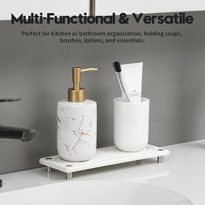 Water Absorbing Stone Sink Caddy, Diatomite Kitchen Sink Organizer, Bathroom Counter Tray, Faucet Drying Mat Coaster Soap Dish Rack Riser Dispenser Sponge Holder, Silver, White 10" x 4"