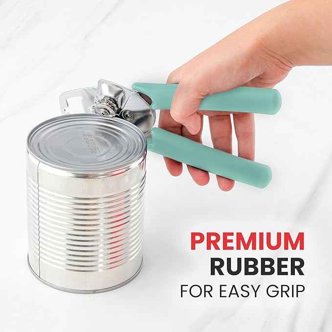 Zulay Kitchen Heavy Duty Stainless Steel Manual Can Opener – Ergonomic Soft Grip Handles, Smooth Edge Cutting Wheel & Large Built In Bottle Opener – Easy Turn Knob for Effortless Use - Mint
