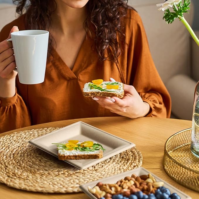 Gezond 100 Pack Compostable Square Plates 6 Inch Disposable Paper Plates Sugarcane Cake Plates for Party Unbleached Eco-friendly Salad Plates Biodegradable