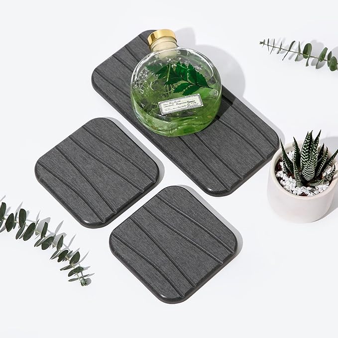 3PCS Water Absorbing Diatomaceous Earth Tray for Sink, Fast Drying Soap & Toothbrush Holders for Bathroom Counter, 1 Stone Tray, 2 Stone Coasters