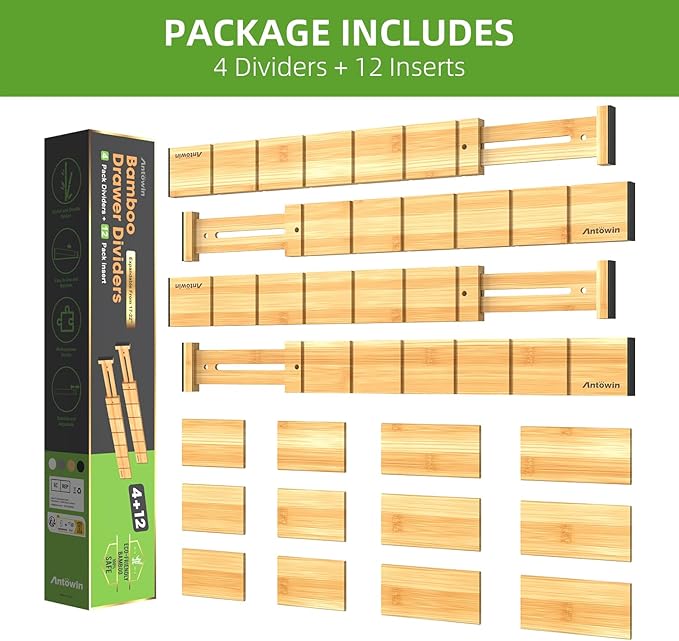 ANTOWIN 4 Pack Expandable Drawer Dividers, 2.2'' High, Extend from 17'' to 22'', Dresser Drawer Organizers, Bamboo Separators for Kitchen, Bedroom, Office, Bathroom, with 12 Pack Divider Inserts