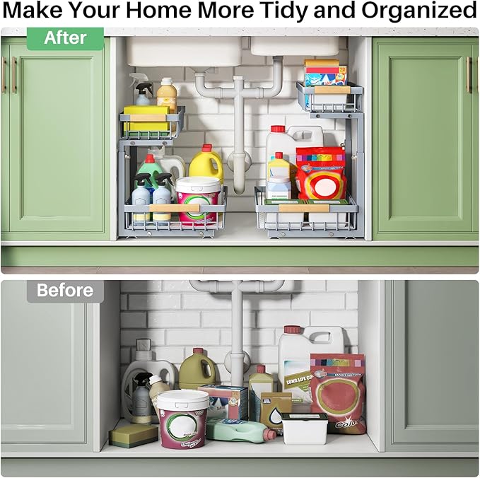 Pull out Cabinet Organizer, 1 Pack Under Sink Organizer, Slide out Metal Kitchen Cabinet Organizers Drawer Shelf, Sliding Storage Shelves for Kitchen Bathroom Pantry Closet Organization Rack(Grey)