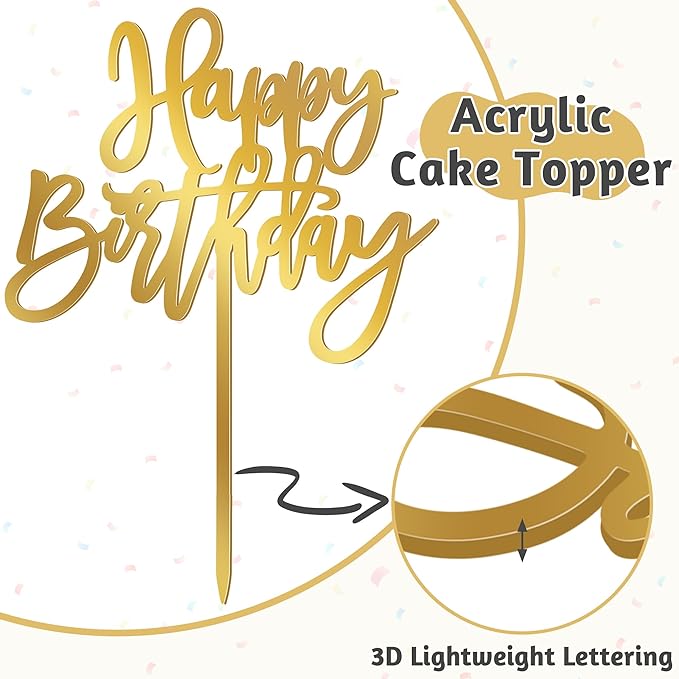 1 PCS Acrylic Cake Topper, 5.1 x 7 Inches Happy Birthday Cake Sign, Mirror Birthday Cake Toppers for Children or Adults Cake Inserts, Birthday Cake Decorations and Desserts Supplies