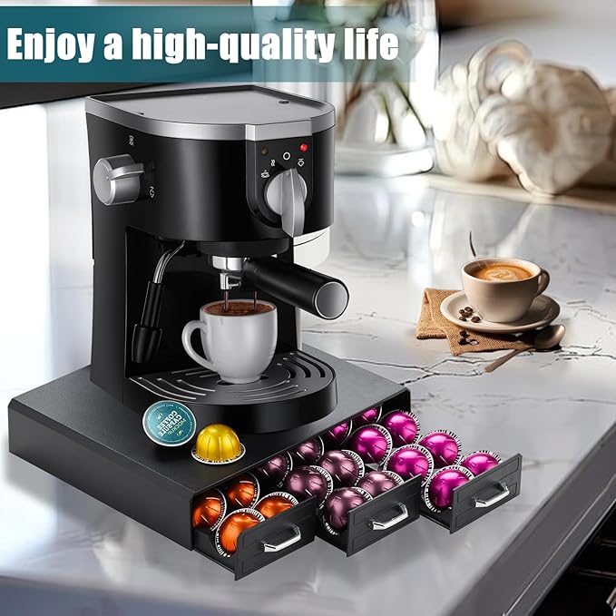 K Cup Holder Drawer 30 Pods Capacity, Three Drawers Design for Nespresso Pods Holder, Coffee Pod Holder Compatible With Keurig Pod Organizer&Nespresso/K-Cup/Vertuo Pod Holder, Black