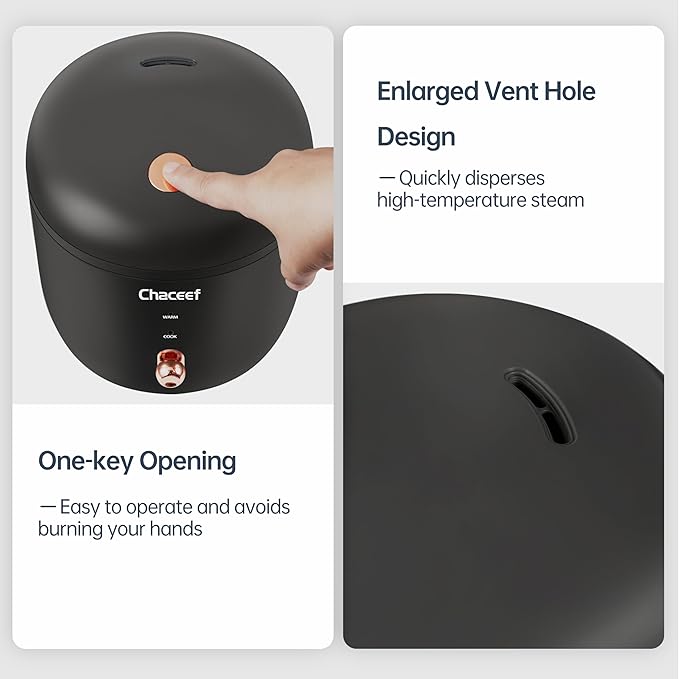 CHACEEF Mini Rice Cooker 2 Cups Uncooked, 1.2L Rice Cooker Small with Non-stick Pot, Portable Travel Rice Maker with One Touch & Keep Warm Function,White Rice, Brown Rice, Oatmeal, Black