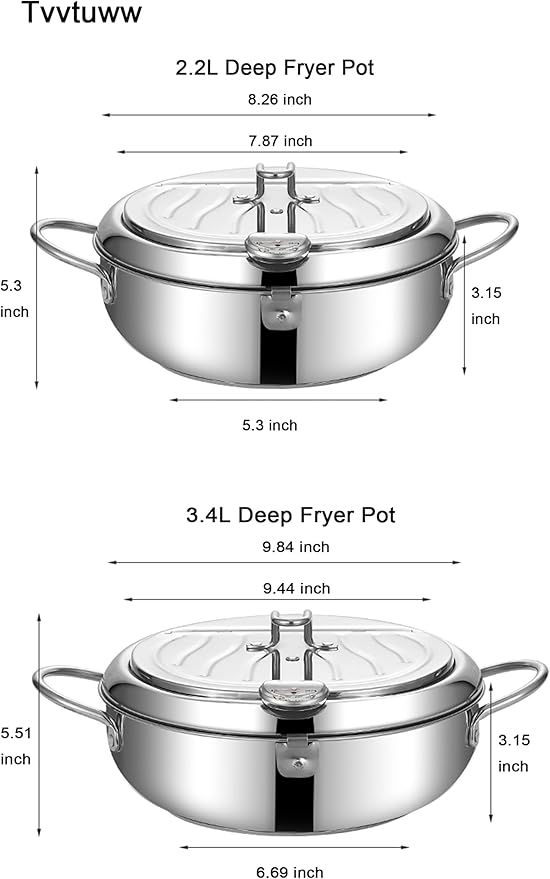 Deep Fryer Pot, 304 Stainless Steel Frying Pot with Temperature Control, Lid and Oil Drip Drainer Rack for Kitchen French Fries, Chicken Large Size 9.4 Inch/3.4 L Father's Day Gift