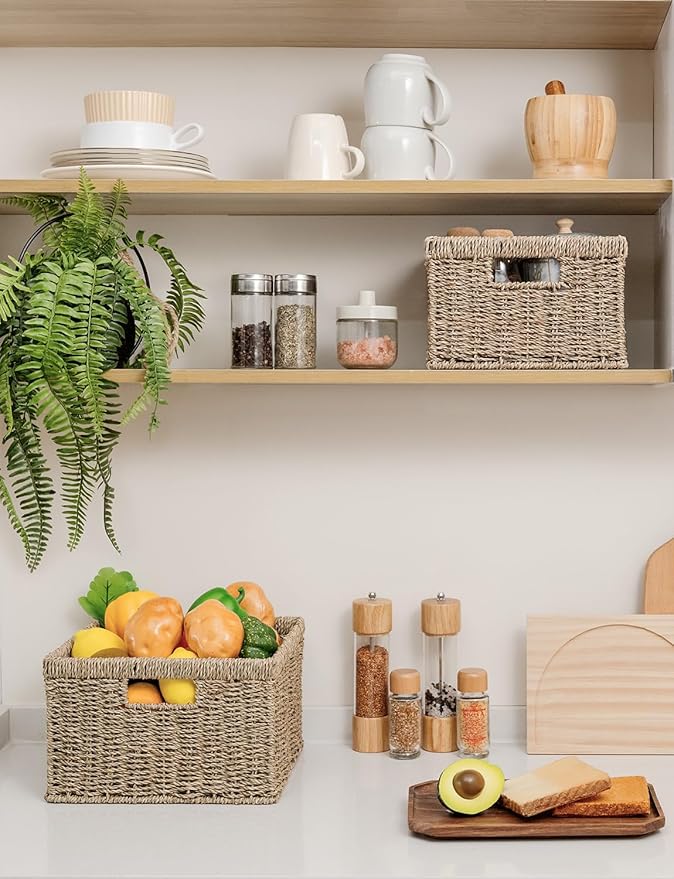 StorageWorks Wicker Storage Baskets, Handwoven Seagrass Basket for Organizing, Decorative Wicker Baskets with Built-in Handles, Set of 2