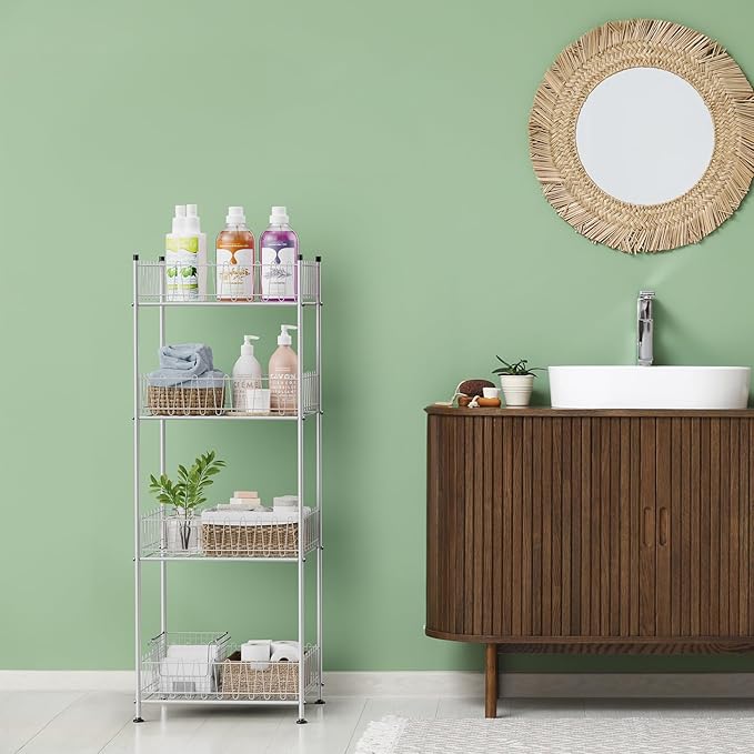 Water Bottle Holder Organizer 4 Tier Drink Can Shelf Organizer Rack for Floor Freestanding Water Bottle Rack Stand Beverage Storage Shelf for Pantry Kitchen Food Storage, Silver