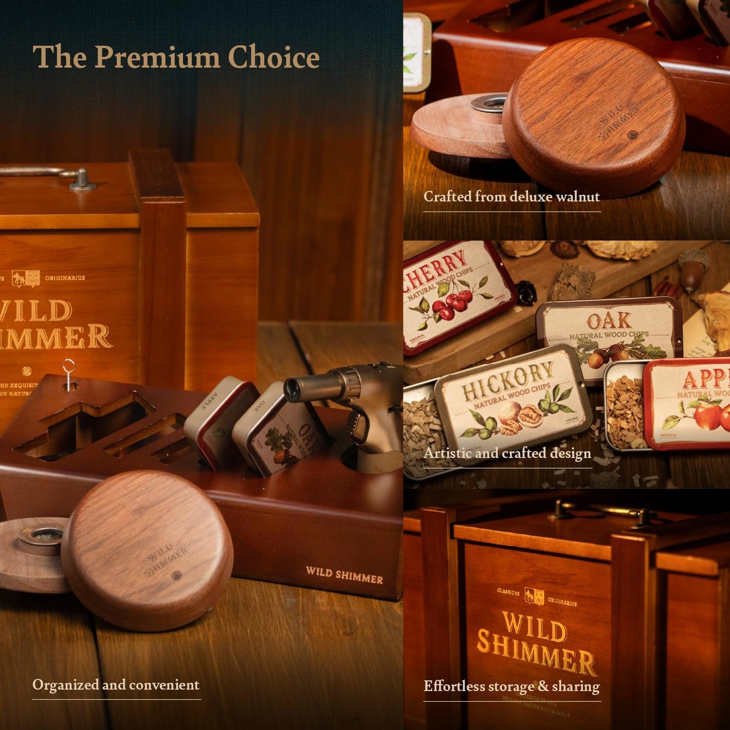 Cocktail Whiskey Smoker Kit with Torch, Wooden Box & Stand | Premium USA Walnut Smoker & 4 Flavors Natural Wood Chips | Old Fashioned Smoker Kit | Bourbon Gifts for Men