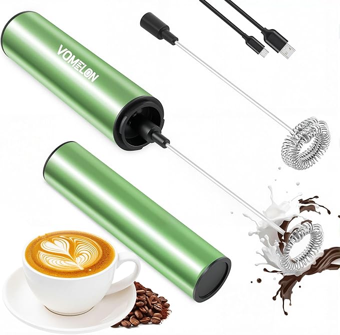 Rechargeable Milk Frother, Electric Coffee Foamer, Handheld Drink Mixer for Latte, Cappuccino, Coffee, Eggs, Hot Chocolate, Protein,Green