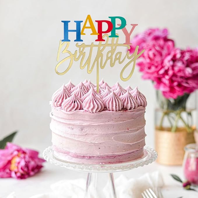 Acrylic Gold Happy Birthday Cake Topper, 7.5" x 6" Rainbow Birthday Cake Decoration (Gold)