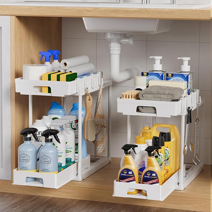 Delamu Under Sink Organizers and Storage, 2 Pack Pull Out Kitchen Bathroom Cabinet Organizer, 2 Tier White Under Sink Storage for Bathroom Kitchen, Under Counter Storage Organizer with 8 Hooks