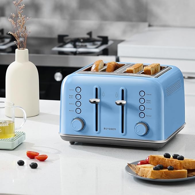 BUYDEEM DT640 4-Slice Toaster, Extra Wide Slots, Retro Stainless Steel with High Lift Lever, Bagel and Muffin Function, Removal Crumb Tray, 7-Shade Settings,Blue
