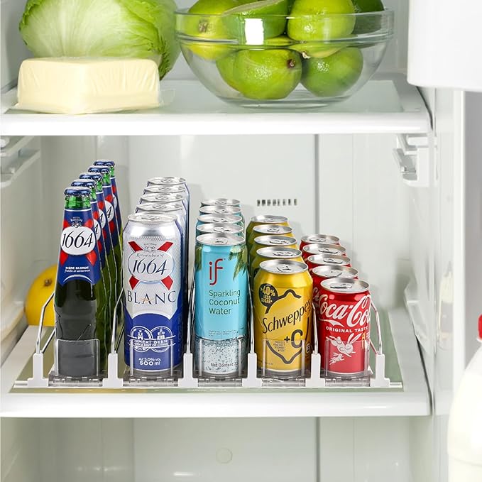 Drink Dispenser for Fridge, Soda Can Organizer for Refrigerator, Adjustable Width Beverage Self-Pushing Glide Rack, Up to 25 Cans Storage for Fridge Pantry (White, 15 Inch, 5 Rows)