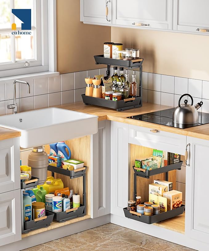 Under Sink Organizer, 2 Tier Adjustable Height Under Sink Organizers and Storage, L-Shaped Slide Out Pull Out Cabinet Organizers for Bathroom Kitchen Pantry(1 Pack, Black)
