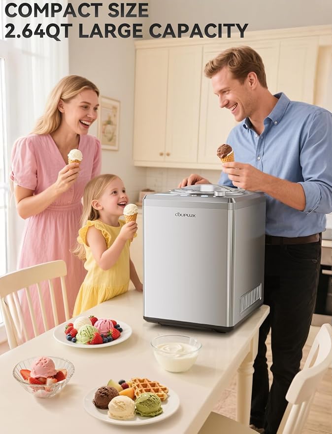 Ice Cream Maker 2.64 Qt, Largest Capacity & Fastest Freezing Ice Cream Machine with Built in Compressor Easy Operate & Clean Ice Cream Maker Machine All Stainless Steel, LCD Digital Display