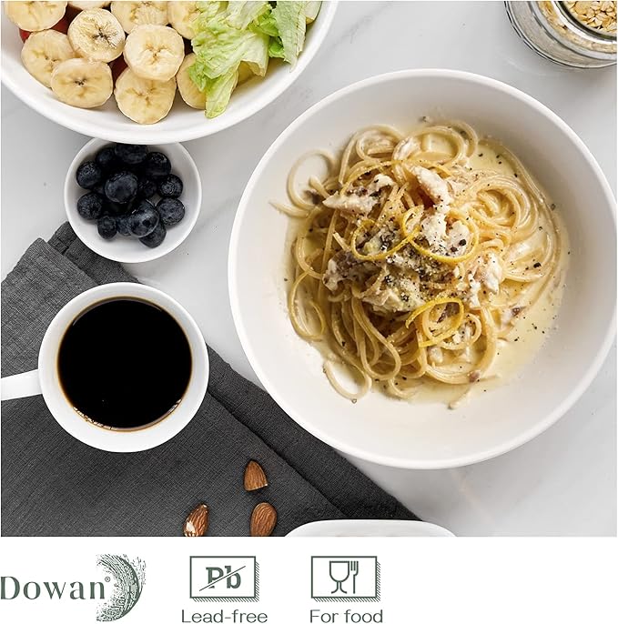DOWAN Pasta Bowls 47 oz, Large Salad Bowls 2.5" Deep Soup Bowls, Porcelain Serving Bowls Set of 4, Big Kitchen Dinner Bowl Plates Pasta Plates, Microwave & Dishwasher Safe, Creamy White