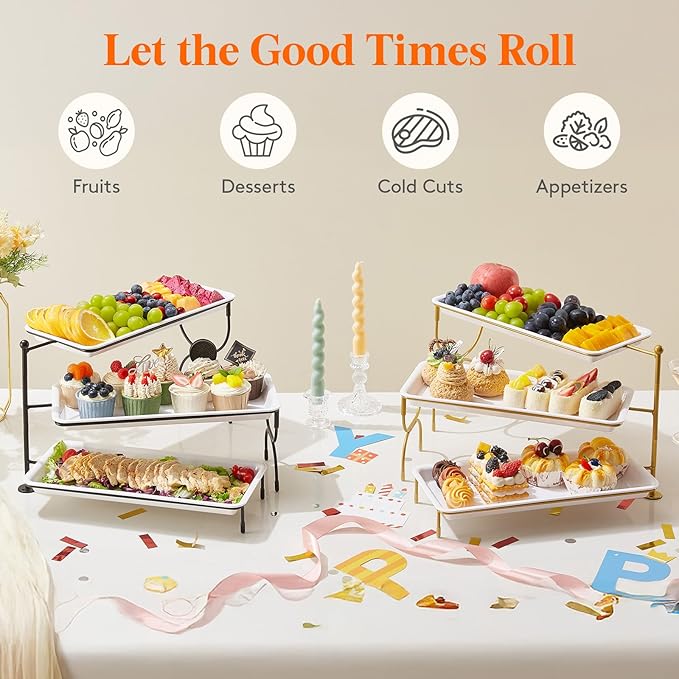 Lifewit 3 Tiered Tray Stand for Party Entertaining, 14"×6.5" Serving Platters and Trays, Reusable Plastic Trays with Stable Gold Mental Stand for Veggie, Fruit, Cookies, Dessert