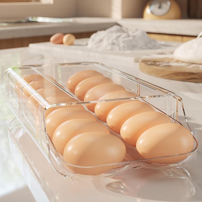 theaoo Egg Holder for Fridge, Automatic Rolling Egg Container for Refrigerator, Clear Plastic Egg Dispenser, Stackable Eggs Organizer with Quick Removable inner Tray For Organizers and Storage, 1Pack