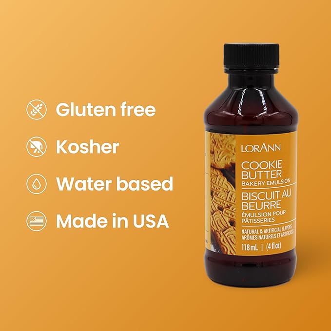 LorAnn Oils Cookie Butter Bakery Emulsion: True Essence, Ideal for Boosting Fruit Tones in Cakes, Cookies & Desserts, Gluten-Free, Keto-Friendly, Extract Substitute Essential for Your Kitchen, 4 Oz