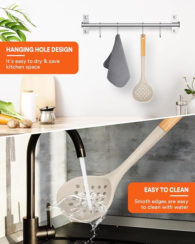 Kitchen Ladle Strainer, Large Slotted Spoon with High Heat Resistant BPA Free, Non Stick Cooking Skimmers For Draining & Frying, 13.2inch (Khaki)