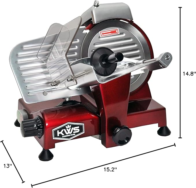KWS MS-6RS Premium 200w Electric Slicer 7.67-Inch in Red Stainless Steel Blade, Frozen Meat Deli Meat Cheese Food Slicer Low Noises Commercial and Home Use