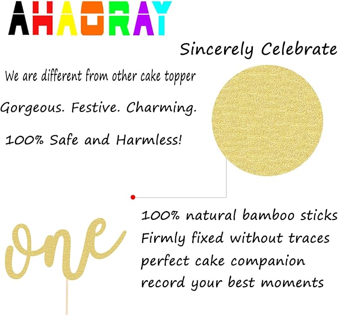 First Birthday Cake Topper - Gold Glitter One Cake Decorating Supplies for Girls and Boys, Perfect for Baby Shower/Gender Revealing Party/Baby Party Photo Booth Props