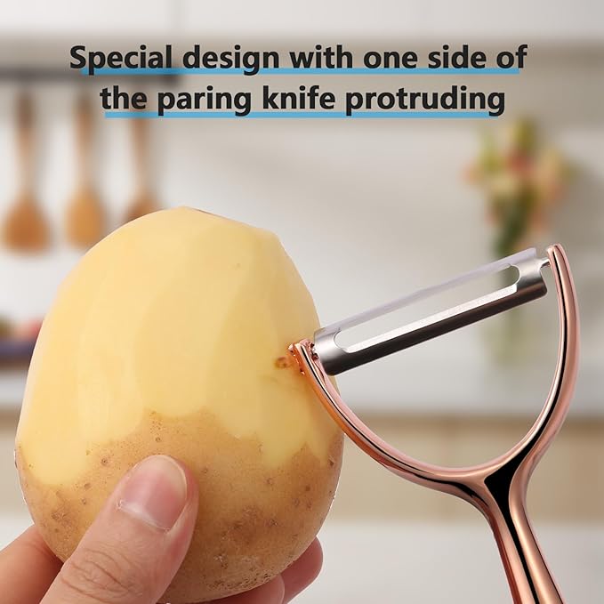 LIIGEMI Effortless Y Peeler with Sharp Stainless Steel Blades for Apples, Cucumbers - Ergonomic Handle for Easy Potato Eye removal, Perfect for Cooking Enthusiasts and Kitchen Novices(Rose Gold )