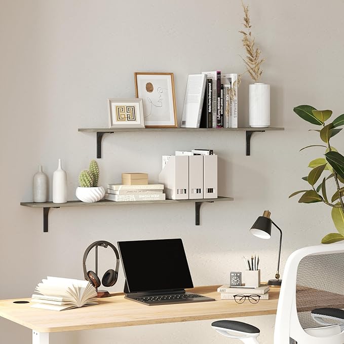 DINZI LVJ Long Wall Shelves, 31.5 Inch Wall Mounted Shelves Set of 2, Easy-to-Install, Wall Storage Ledges with Sturdy Metal Brackets for Living Room, Bathroom, Bedroom, Kitchen, Gray Wash